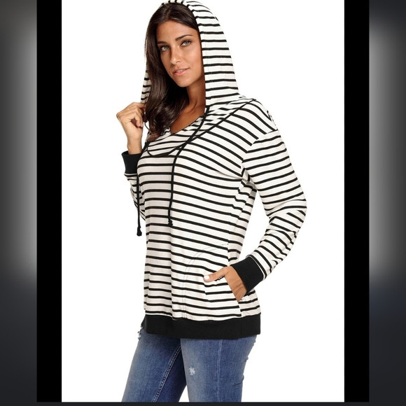 Maurices Homeward Black Striped Brushed Hoodie Jacket Lightweight Bohemian Top - Picture 1 of 14